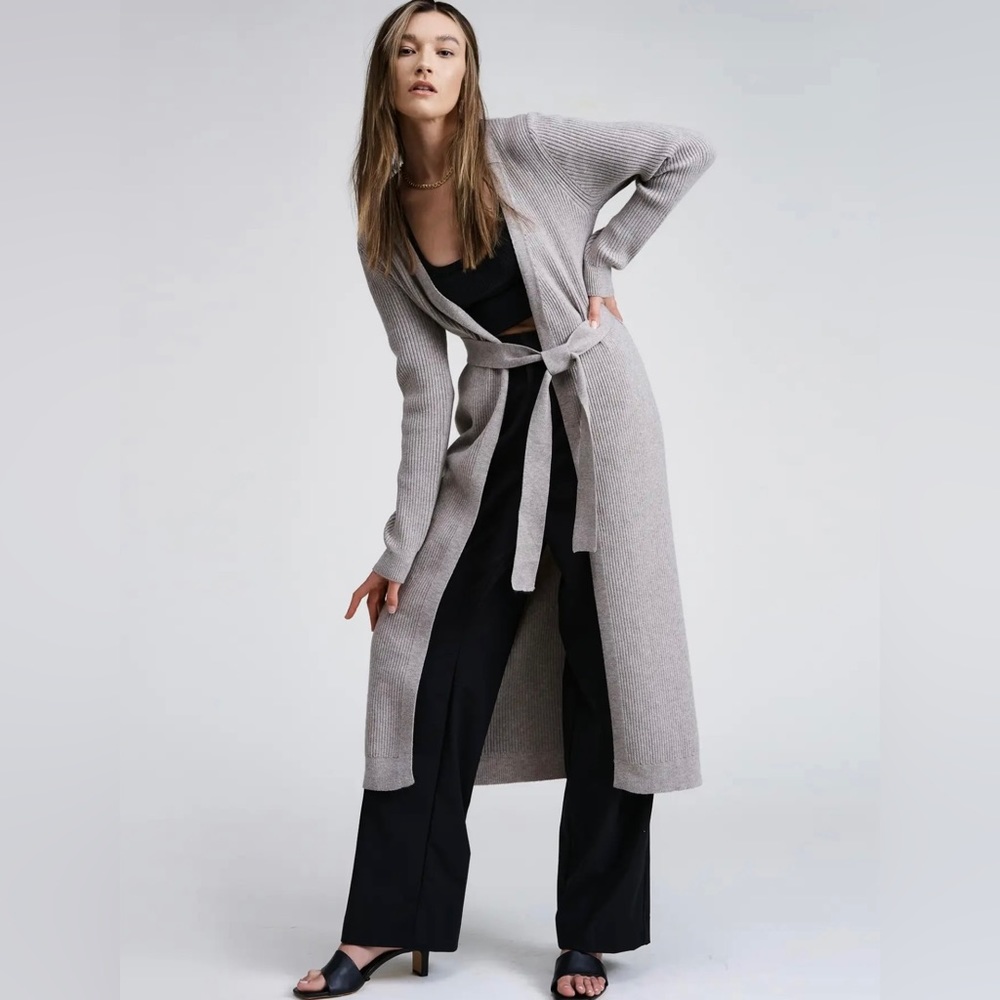 Flat White Anthropologie SABRES Mushroom Midi length ribbed belted Cardigan NWT